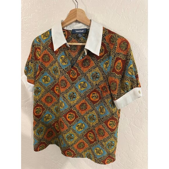 ModCloth Short Sleeved Antique Style Colorful Collared Top - Picture 2 of 10